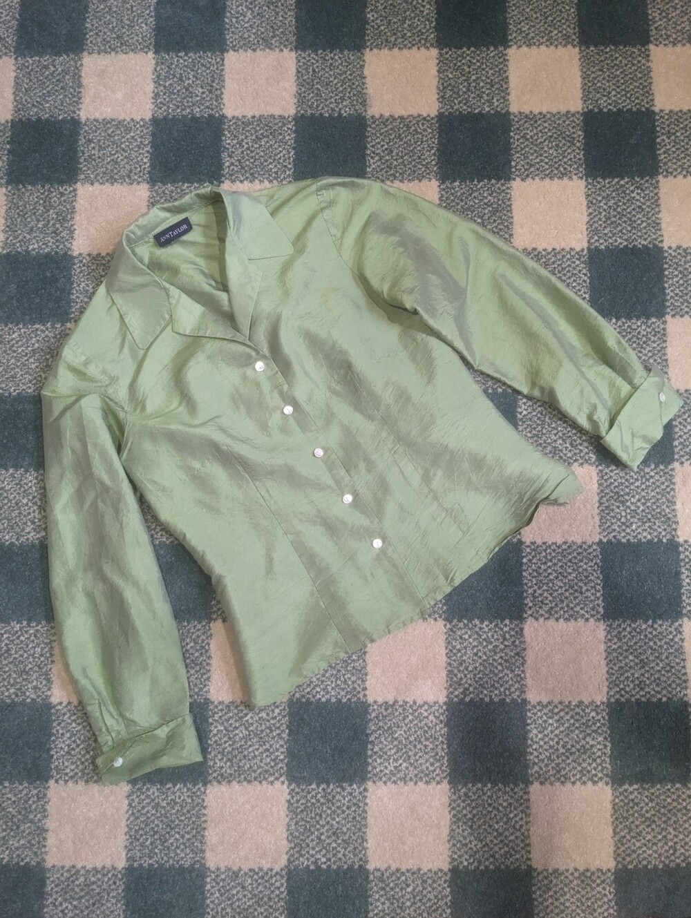 Ann Taylor Sage Green Silk Tailored Collared Blouse Size M